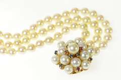 14K Yellow Gold 1950's Layered Pearl Flower Cluster Clasp Bracelet
