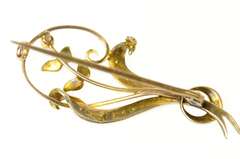 9K Yellow Gold Victorian Ornate Seed Pearl Floral Vine Pin/Brooch