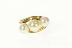 14K Yellow Gold Three Stone Classic Pearl Ornate Bypass Ring