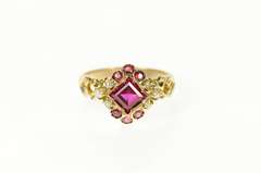 14K Yellow Gold Victorian Ornate Syn. Ruby Seed Pearl Ring