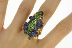 14K Yellow Gold Pave Sapphire Peridot Ruby Frog Statement Ring