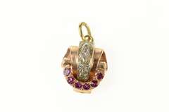 14K Rose Gold Art Deco Diamond Ruby Ornate Scroll Statement Pendant