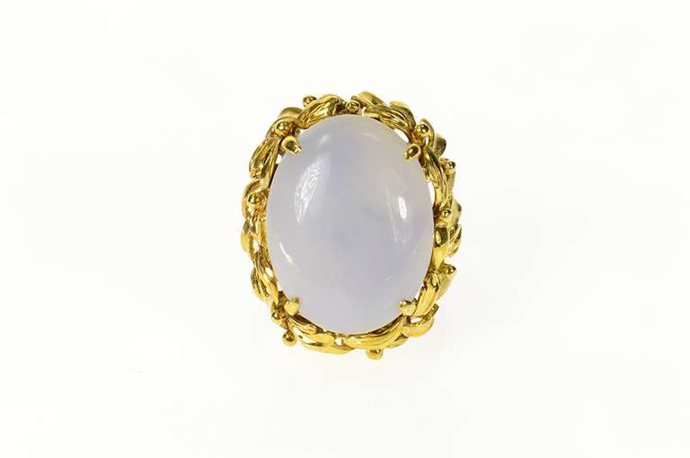 14K Yellow Gold Oval Lavender Agate Cabochon Leaf Trim Ring