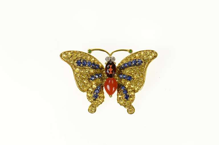 18K Yellow Gold Pave Yellow & Blue Sapphire Diamond Butterfly Pendant