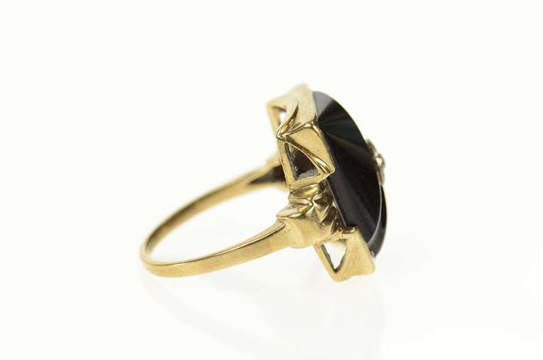 14K Yellow Gold Carved Black Onyx Squared Statement Ring
