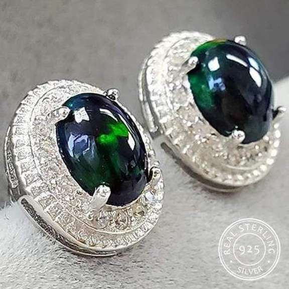 GENUINE ETHIOPIAN BLACK OPAL & CREATED WHITE SAPPHIRE STERLING SILVER EARRINGS