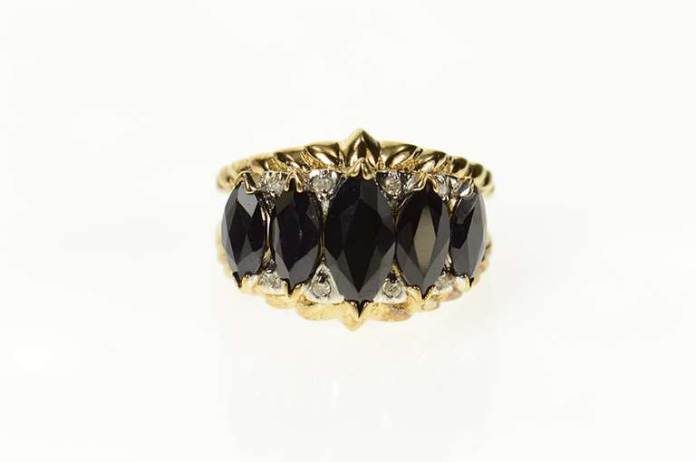 14K Yellow Gold Marquise Black Onyx Diamond Statement Ring