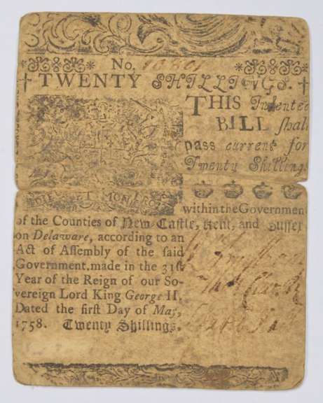 1758 Colonial Delaware 20 Shillings Note