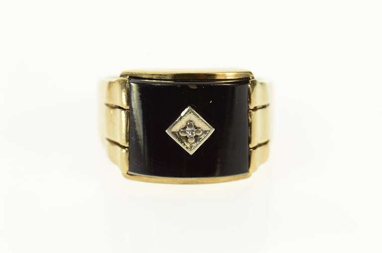 10K Yellow Gold 1940's Black Onyx Diamond Statement Ring