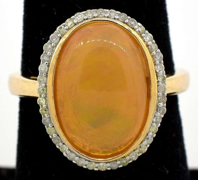 Enchanting Cabochon Cut Opal & Diamond Ring in Vermeil