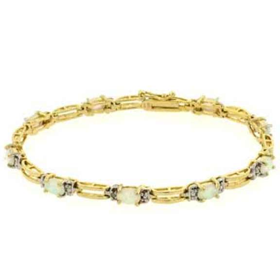 18K Gold over Sterling Silver Created White Opal & Diamond Accent Rectangle Link Bracelet