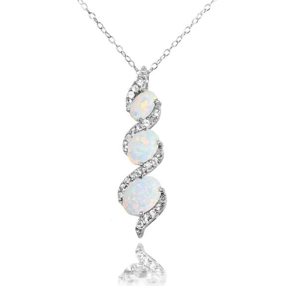 925 Silver Simulated White Opal & White Topaz Oval S Design Three-Stone Necklace