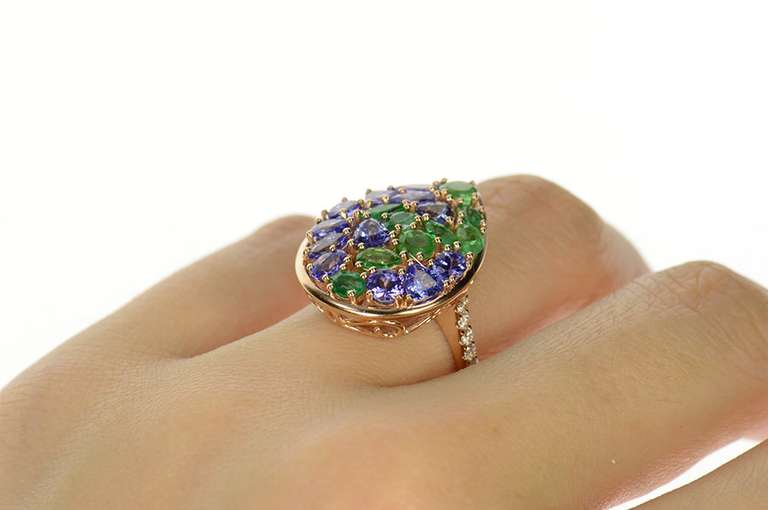 14K Rose Gold Natural Emerald & Tanzanite Cluster Cocktail Ring