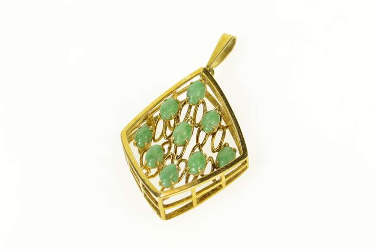 14K Yellow Gold 1960's Jade Ornate Squared Layered Look Pendant