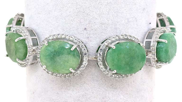 Gorgeous 80.05CTW Diamond Cut Natural Emerald & White Sapphire Bracelet in Platinum-Plated Silver