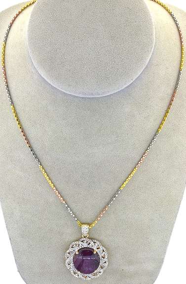 Adorable Massive 16.00CTS Cabochon Cut Natural Star Ruby & White Sapphire Halo Necklace in Vermeil