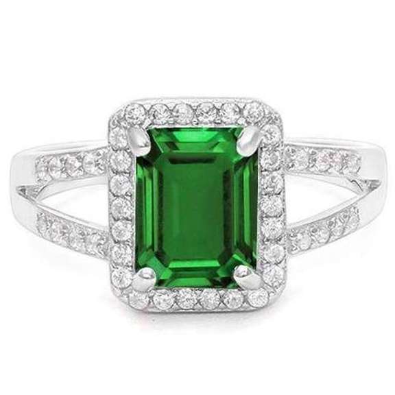 STERLING SILVER OCTAGON CUT 6*8MM CREATED EMRALD & CREATED DIAMOND WOMEN RING