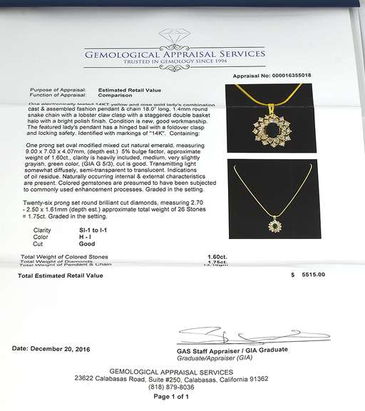 Classy Emerald & Diamond Necklace in 14KT Yellow Gold