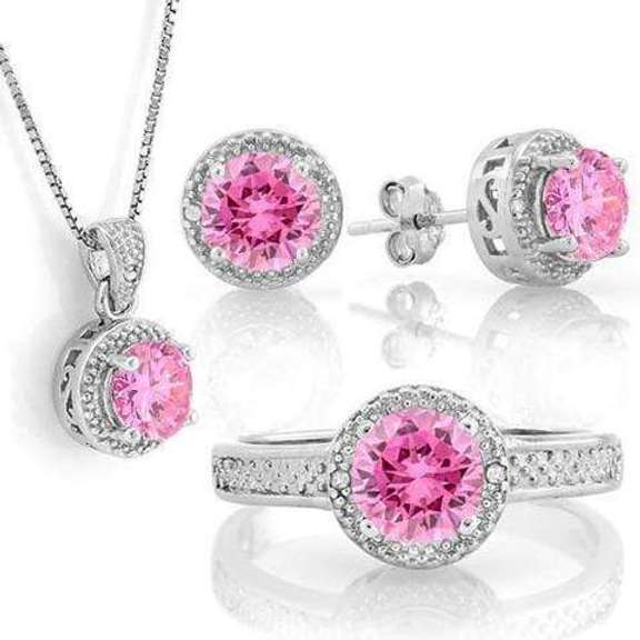 3 3/5 CARAT CREATED PINK SAPPHIRE & DIAMOND STERLING SILVER JEWELRY SET