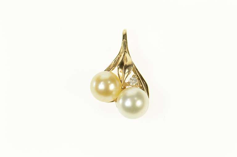 10K Yellow Gold Pearl Diamond Leaf Design Statement Pendant