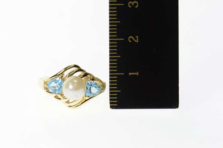 14K Yellow Gold Pearl Blue Topaz Accent Statement Wavy Ring