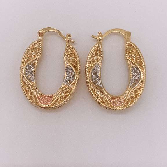 Fancy Italian 18kt Gold Plated Filigree Tricolor Hoop Earrings