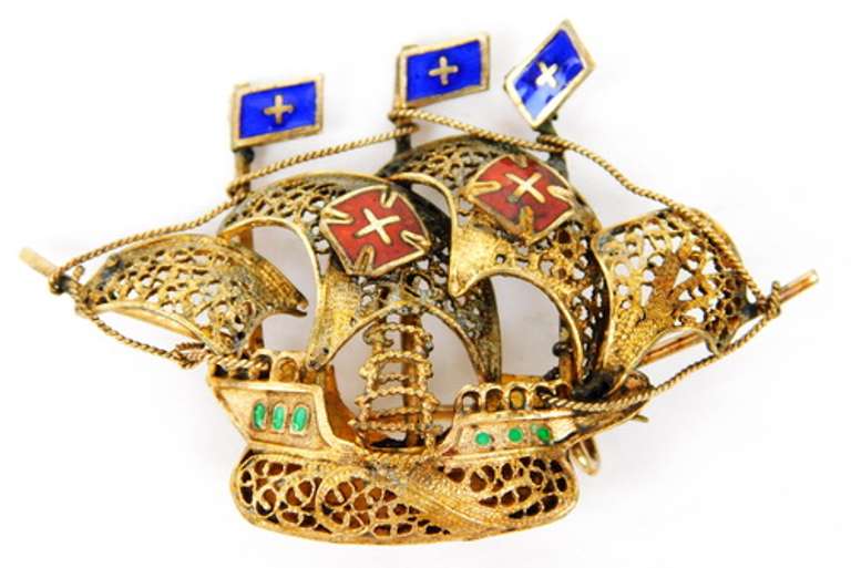 Early Sterling Vermeil Enameled Ship Pin