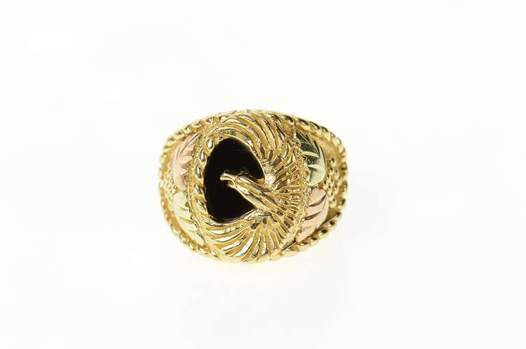 10K Yellow Gold Black Onyx Men's Patriotic Eagle Textured Ring