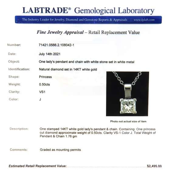Impressive White Gold Princess Cut Diamond Pendant on Chain