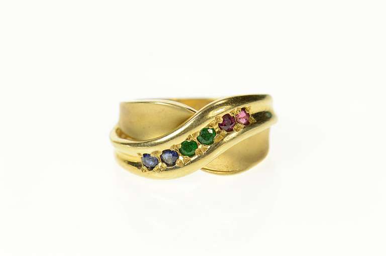 14K Yellow Gold Retro Syn. Emerald Ruby Sapphire Criss Cross Ring