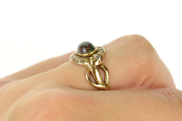 14K Yellow Gold Victorian Boulder Opal Diamond Snake Serpent Ring