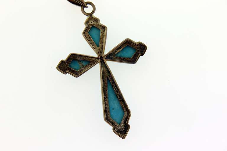 Vintage Sterling Silver Large Cross With Turquoise