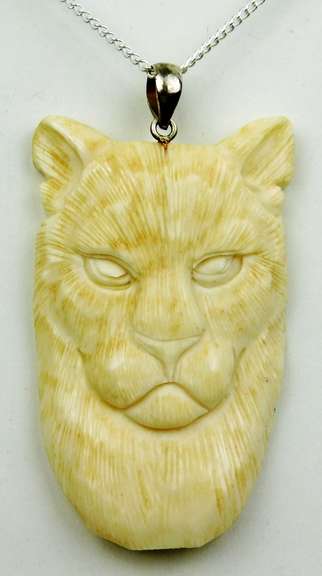 Hand Carved Bone Cougar Tiger Pendant & Sterling Chain