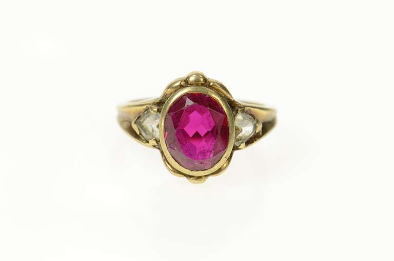 10K Yellow Gold 1940's Ornate Syn. Ruby CZ Statement Ring