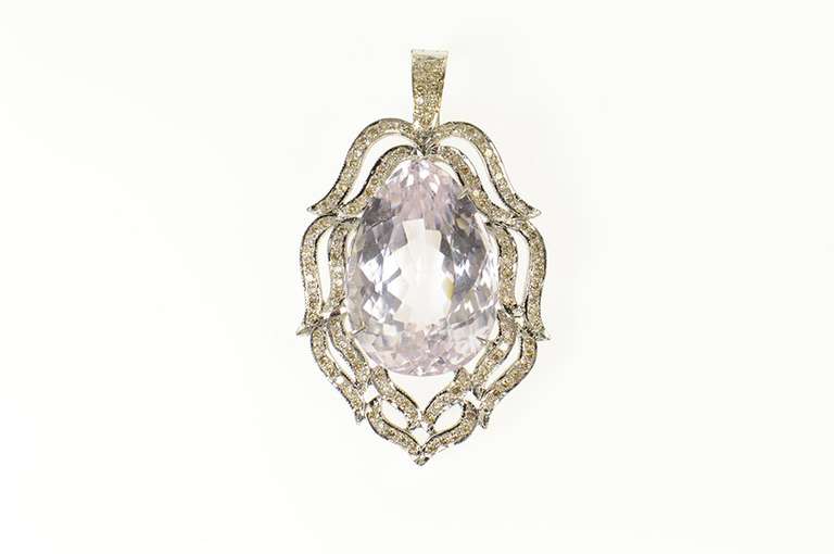 18K White Gold 37 Ctw Pear Kunzite Diamond Ornate Pendant
