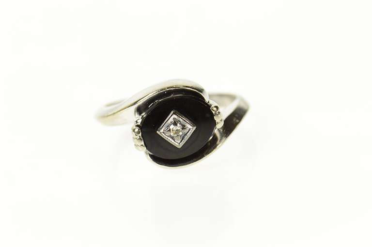10K White Gold 1960's Black Onyx Diamond Bypass Ring