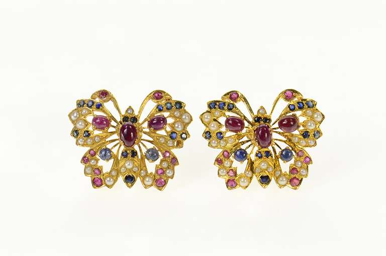 22K Yellow Gold Ruby Sapphire Encrusted Butterfly Screw Back Earrings