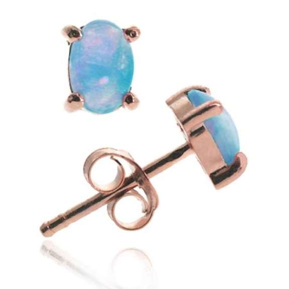 18K Rose Gold over Sterling Silver Blue Opal 6x4 Oval Stud Earrings