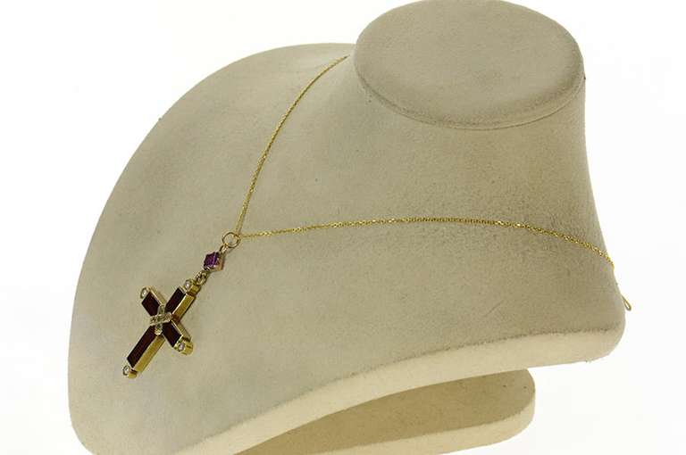 14K Yellow Gold Ornate Sim. Garnet Diamond Seed Pearl Cross Pendant