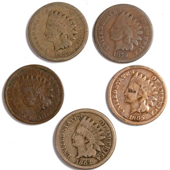 1859 62 65 74 &79  Indian Head Cents