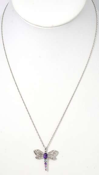 Sweet Amethyst & Topaz Dragonfly Necklace in Sterling Silver