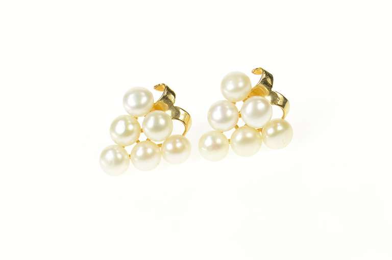 14K Yellow Gold Retro Pearl Cluster Grape Bunch Earrings