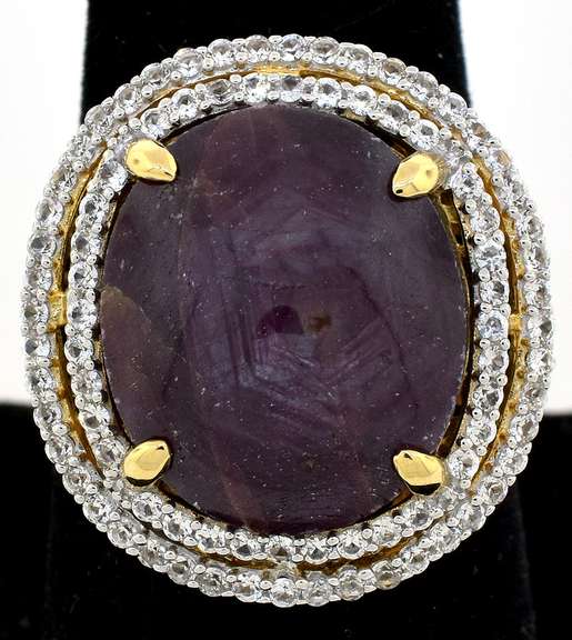 Amazing Huge 34.58CTS Cabochon Cut Natural Star Ruby & White Sapphire Ring in Vermeil