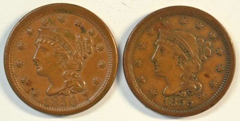 High grade 1850 & 1855 Braided Hair Large Cents