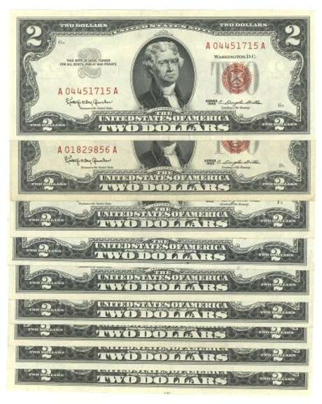 9 Series of 1963 $2 Red Seal Notes in AU/CU