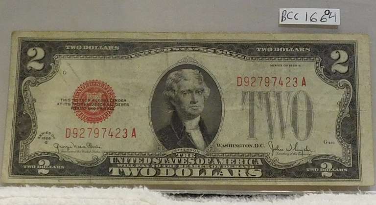 1928-G $2. US Note Red Seal circ, first yr of issue for sm size