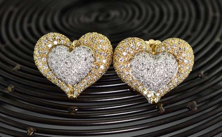 Stunning High-End 2-Tone 18K Heart Motif Diamond Earrings