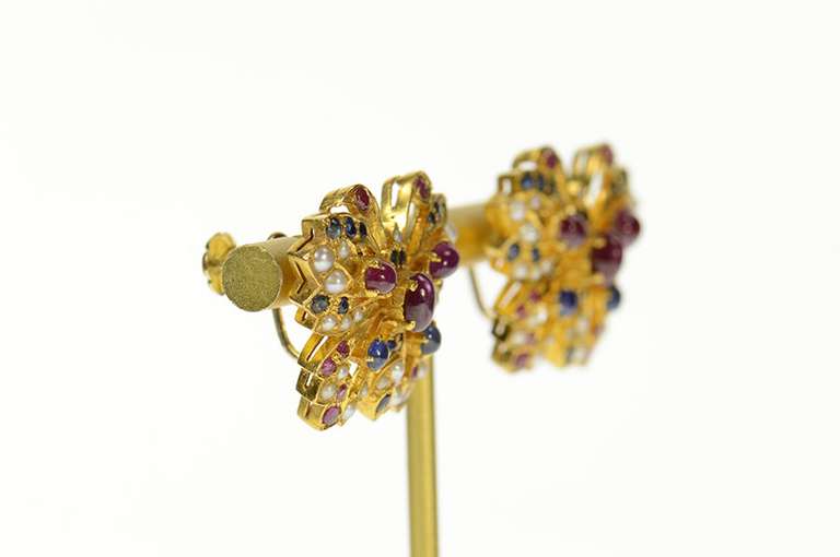 22K Yellow Gold Ruby Sapphire Encrusted Butterfly Screw Back Earrings