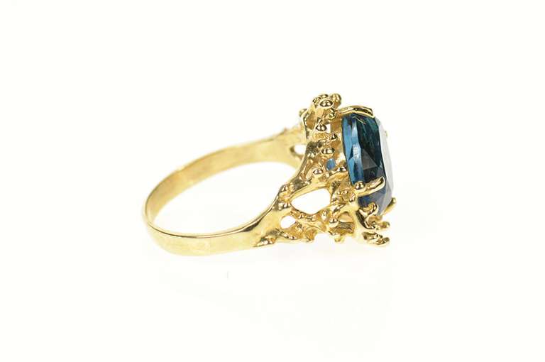 14K Yellow Gold London Blue Topaz Textured Abstract Statement Ring