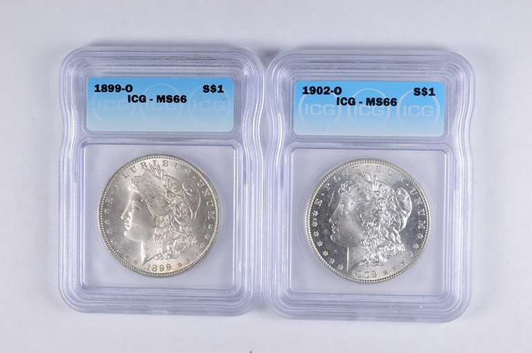 Lot (2) MS66 1899-O & 1902-O Morgan Silver Dollars - Graded ICG